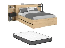 Cama espaço arrumação e mesas cabeceira 140x190 cm cor natural e preto + colchão LUDARO
