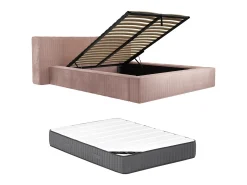 Cama espaço arrumação 180x200 cm veludo canelado cor-de-rosa + colchão - TIMANO