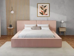 Cama espaço arrumação 180x200 cm veludo canelado cor-de-rosa + colchão - TIMANO