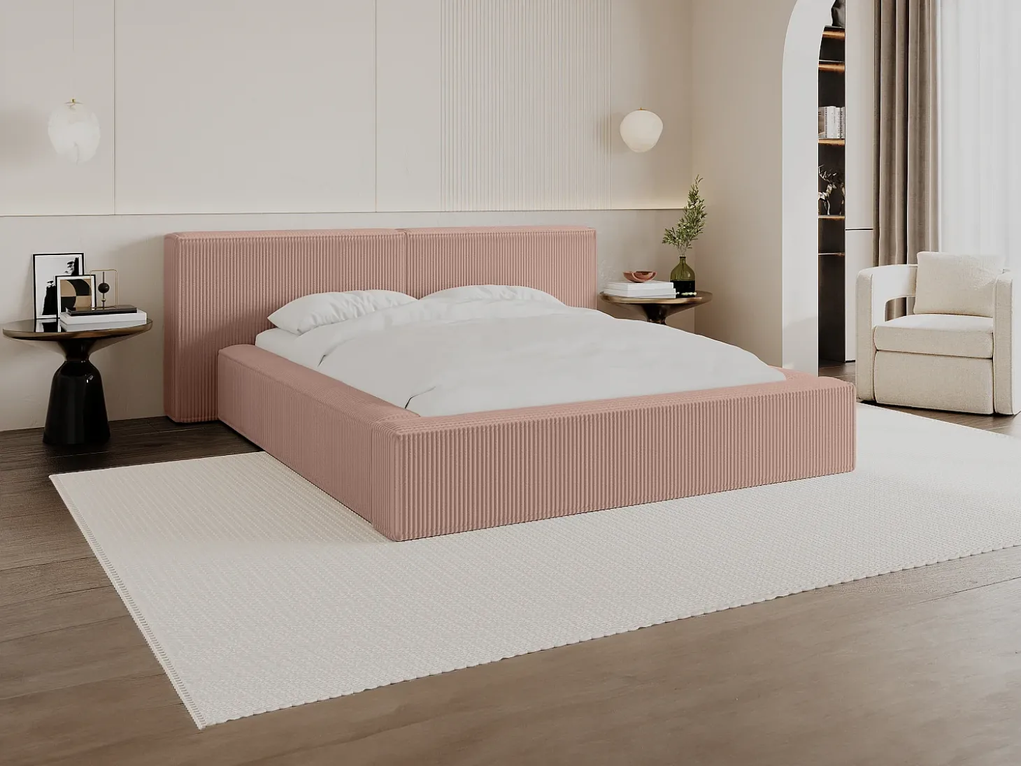 Cama espaço arrumação 180x200 cm veludo canelado cor-de-rosa - TIMANO