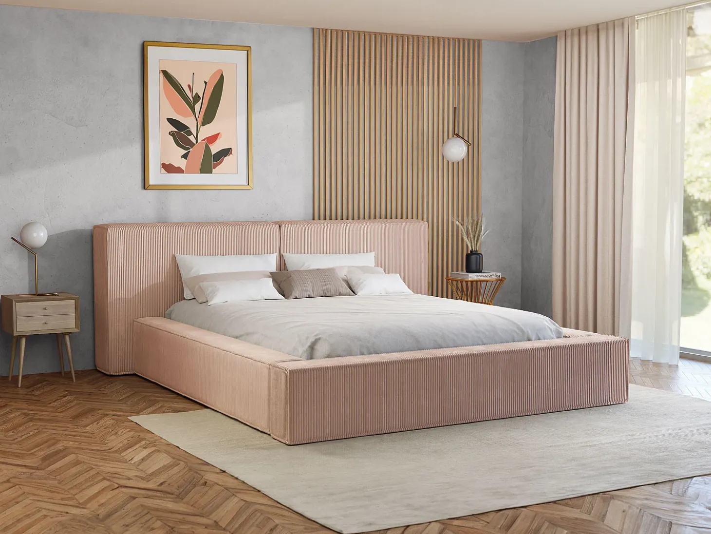 Cama espaço arrumação 180x200 cm veludo canelado cor-de-rosa - TIMANO