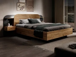 Cama espaço de arrumação e mesas cabeceira 160x200 cm e LEDs cor natural e preta JUVISIA