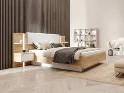 Cama espaço de arrumação 160x200 cm natural e branco com LEDs + colchão - ELYNIA