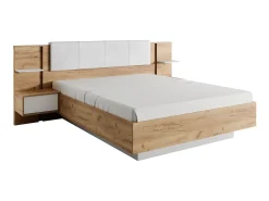 Cama espaço de arrumação 160x200 cm natural e branco com LEDs + colchão - ELYNIA