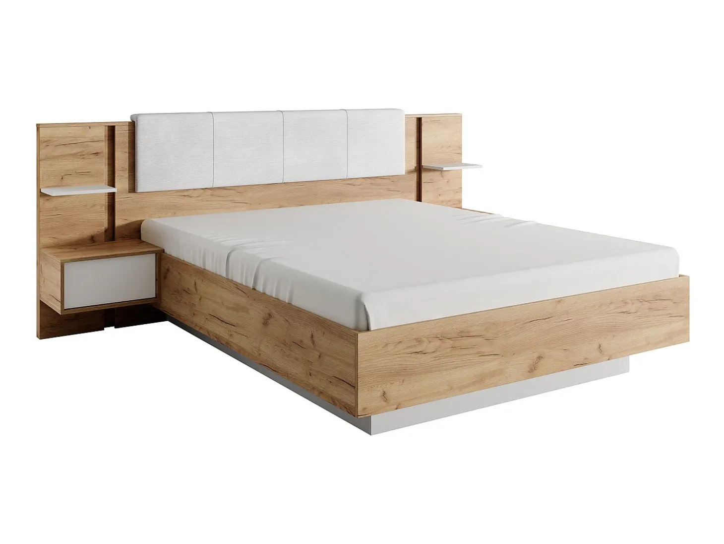 Cama espaço de arrumação 160x200 cm natural e branco com LEDs + colchão - ELYNIA