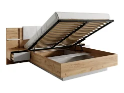 Cama espaço de arrumação 160x200 cm natural e branco com LEDs + colchão - ELYNIA