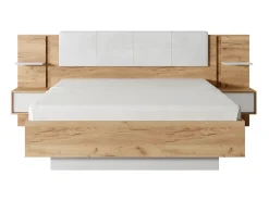 Cama espaço de arrumação 160x200 cm natural e branco com LEDs + colchão - ELYNIA