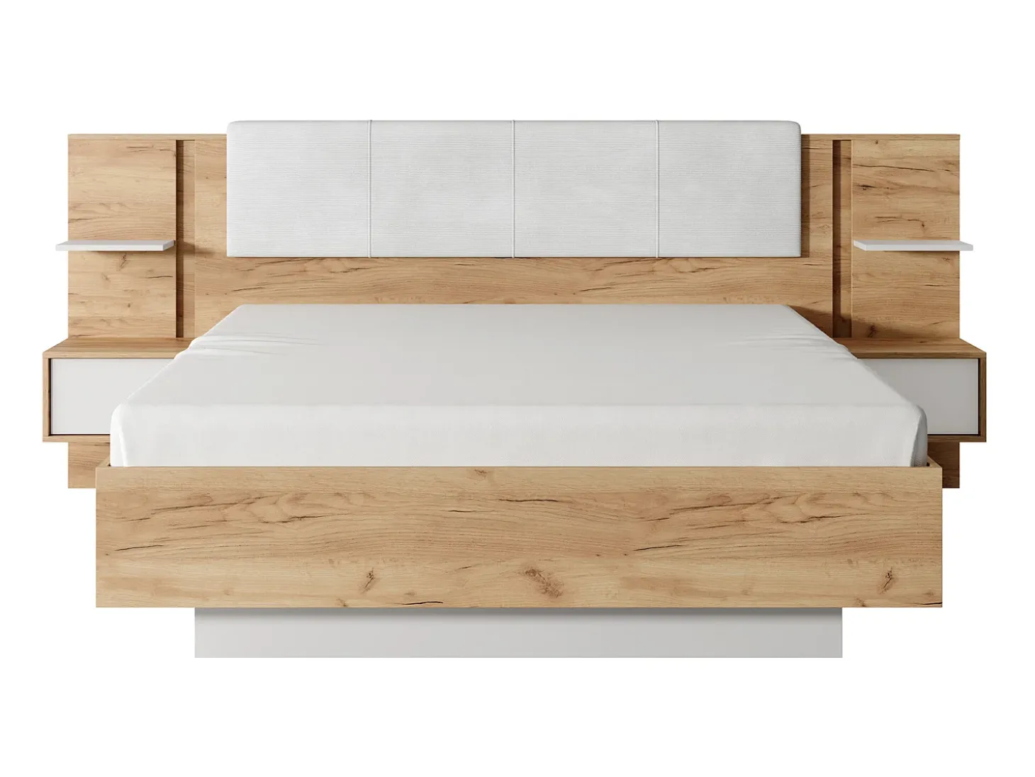 Cama espaço de arrumação 160x200 cm natural e branco com LEDs + colchão - ELYNIA
