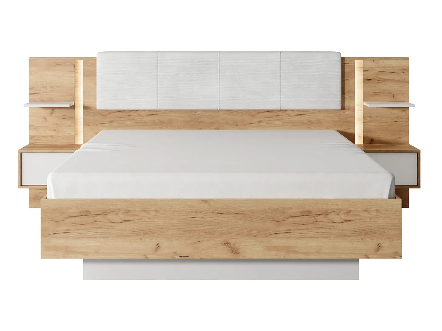 Cama espaço de arrumação 160x200 cm natural e branco com LEDs + colchão - ELYNIA