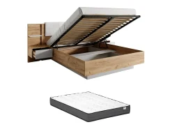 Cama espaço de arrumação 160x200 cm natural e branco com LEDs + colchão - ELYNIA