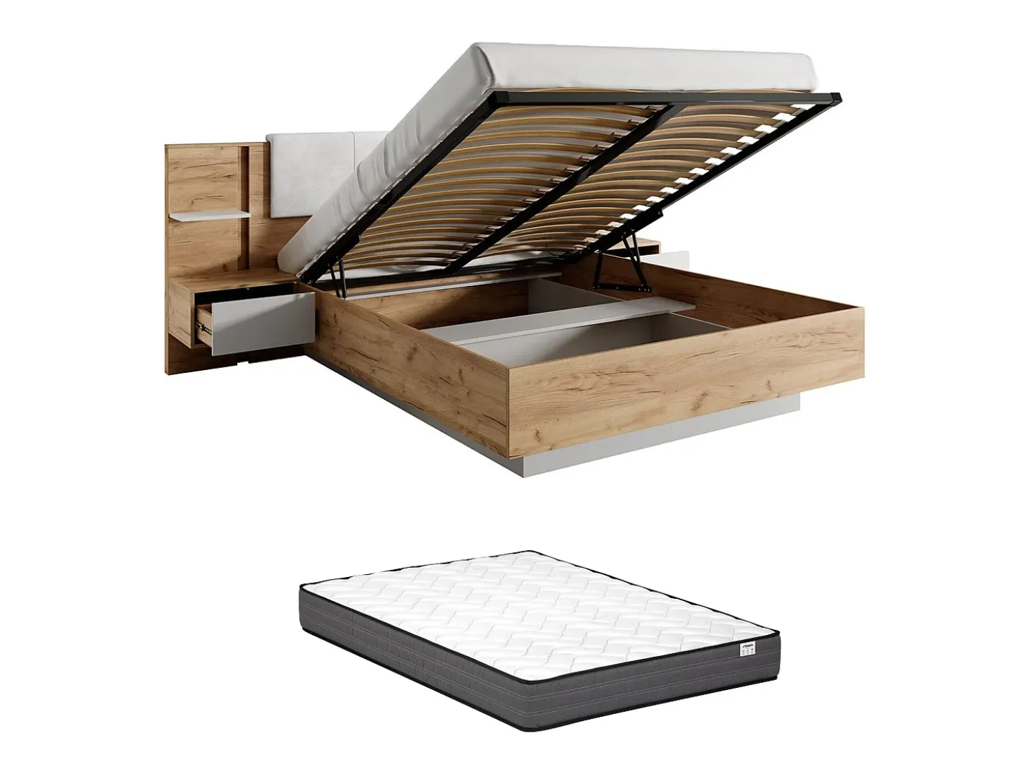 Cama espaço de arrumação 160x200 cm natural e branco com LEDs + colchão - ELYNIA