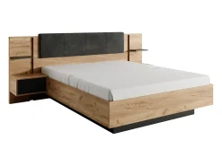 Cama espaços arrumação e mesa cabeceira 140x190cm LEDs antracite e natural ELYNIA