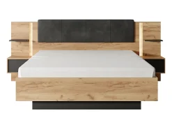 Cama espaços arrumação e mesa cabeceira 140x190cm LEDs antracite e natural ELYNIA