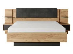 Cama espaços arrumação, mesa cabeceira 140x190cm LEDs antracite e natural + colchão ELYNIA