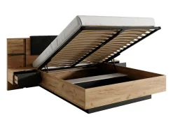 Cama espaços arrumação, mesa cabeceira 140x190cm LEDs antracite e natural + colchão ELYNIA
