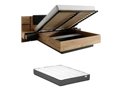 Cama espaços arrumação, mesa cabeceira 140x190cm LEDs antracite e natural + colchão ELYNIA
