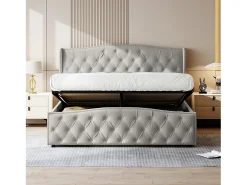 Cama Estofada, 160 X 200 Cm, Com Estrado De Ripas E Armazenamento, Dupla Hidráulica, Veludo