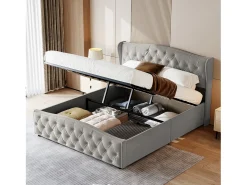 Cama Estofada, 160 X 200 Cm, Com Estrado De Ripas E Armazenamento, Dupla Hidráulica, Veludo