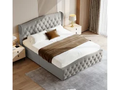Cama Estofada, 160 X 200 Cm, Com Estrado De Ripas E Armazenamento, Dupla Hidráulica, Veludo