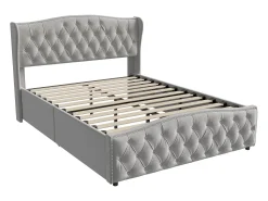 Cama Estofada, 160 X 200 Cm, Com Estrado De Ripas E Armazenamento, Dupla Hidráulica, Veludo