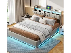 Cama estofada 140 x 200 cm com carregador USB, cama de casal, cama com espaço de arrumação e iluminação LED, cabeceira com estrado de ripas hidráulico.