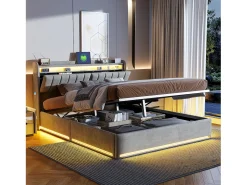 Cama estofada 140 x 200 cm com carregador USB, cama de casal, cama com espaço de arrumação e iluminação LED, cabeceira com estrado de ripas hidráulico.