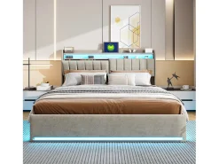 Cama estofada 140 x 200 cm com carregador USB, cama de casal, cama com espaço de arrumação e iluminação LED, cabeceira com estrado de ripas hidráulico.