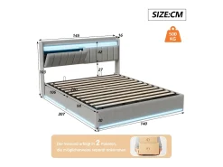 Cama estofada 140 x 200 cm com carregador USB, cama de casal, cama com espaço de arrumação e iluminação LED, cabeceira com estrado de ripas hidráulico.