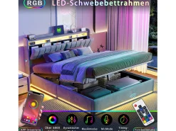 Cama estofada 140 x 200 cm com carregador USB, cama de casal, cama com espaço de arrumação e iluminação LED, cabeceira com estrado de ripas hidráulico.