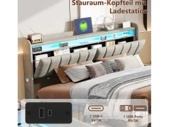 Cama estofada 140 x 200 cm com carregador USB, cama de casal, cama com espaço de arrumação e iluminação LED, cabeceira com estrado de ripas hidráulico.