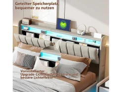 Cama estofada 140 x 200 cm com carregador USB, cama de casal, cama com espaço de arrumação e iluminação LED, cabeceira com estrado de ripas hidráulico.