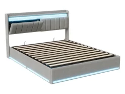 Cama estofada 140 x 200 cm com carregador USB, cama de casal, cama com espaço de arrumação e iluminação LED, cabeceira com estrado de ripas hidráulico.