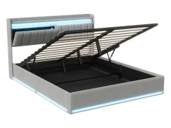 Cama estofada 140 x 200 cm com carregador USB, cama de casal, cama com espaço de arrumação e iluminação LED, cabeceira com estrado de ripas hidráulico.