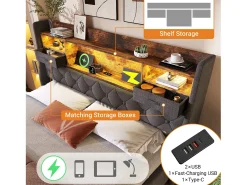 Cama estofada com armazenamento 160x200cm - com LED - com 4 portas de carregamento (USB/Type-C) - cabeceira com armazenamento - linho - Cinza (sem colchão)