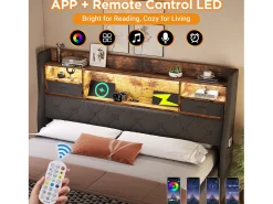 Cama estofada com armazenamento 160x200cm - com LED - com 4 portas de carregamento (USB/Type-C) - cabeceira com armazenamento - linho - Cinza (sem colchão)