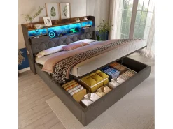 Cama estofada com armazenamento 160x200cm - com LED - com 4 portas de carregamento (USB/Type-C) - cabeceira com armazenamento - linho - Cinza (sem colchão)