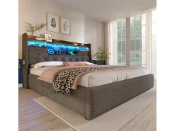 Cama estofada com armazenamento 160x200cm - com LED - com 4 portas de carregamento (USB/Type-C) - cabeceira com armazenamento - linho - Cinza (sem colchão)