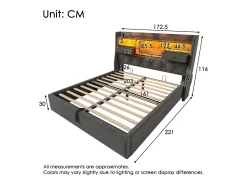Cama estofada com armazenamento 160x200cm - com LED - com 4 portas de carregamento (USB/Type-C) - cabeceira com armazenamento - linho - Cinza (sem colchão)