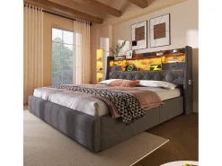 Cama estofada com armazenamento 160x200cm - com LED - com 4 portas de carregamento (USB/Type-C) - cabeceira com armazenamento - linho - Cinza (sem colchão)