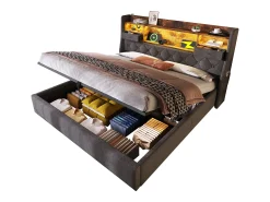 Cama estofada com armazenamento 160x200cm - com LED - com 4 portas de carregamento (USB/Type-C) - cabeceira com armazenamento - linho - Cinza (sem colchão)