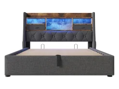 Cama estofada com armazenamento 160x200cm - com LED - com 4 portas de carregamento (USB/Type-C) - cabeceira com armazenamento - linho - Cinza (sem colchão)