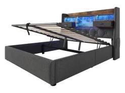Cama estofada com armazenamento 160x200cm - com LED - com 4 portas de carregamento (USB/Type-C) - cabeceira com armazenamento - linho - Cinza (sem colchão)