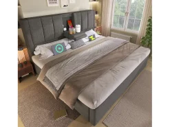 Cama estofada com armazenamento 180x200cm - com porta-copos oculto - com portas USB e Tipo-C - com somier de ripas - Linho - Cinza (sem colchão)