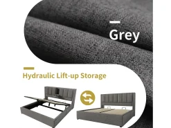 Cama estofada com armazenamento 180x200cm - com porta-copos oculto - com portas USB e Tipo-C - com somier de ripas - Linho - Cinza (sem colchão)