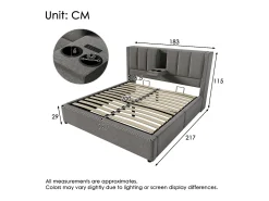 Cama estofada com armazenamento 180x200cm - com porta-copos oculto - com portas USB e Tipo-C - com somier de ripas - Linho - Cinza (sem colchão)