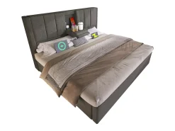 Cama estofada com armazenamento 180x200cm - com porta-copos oculto - com portas USB e Tipo-C - com somier de ripas - Linho - Cinza (sem colchão)
