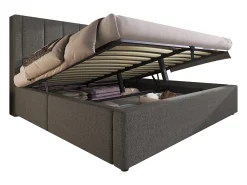 Cama estofada com armazenamento 180x200cm - com porta-copos oculto - com portas USB e Tipo-C - com somier de ripas - Linho - Cinza (sem colchão)