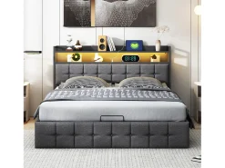 Cama estofada com armazenamento 140x200 cm em tecido de linho - com LED e porta de carregamento - cinza