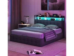 Cama estofada com armazenamento 140x200 cm em tecido de linho - com LED e porta de carregamento - cinza