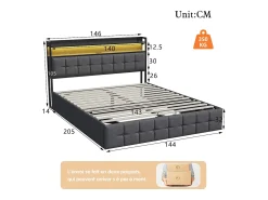 Cama estofada com armazenamento 140x200 cm em tecido de linho - com LED e porta de carregamento - cinza